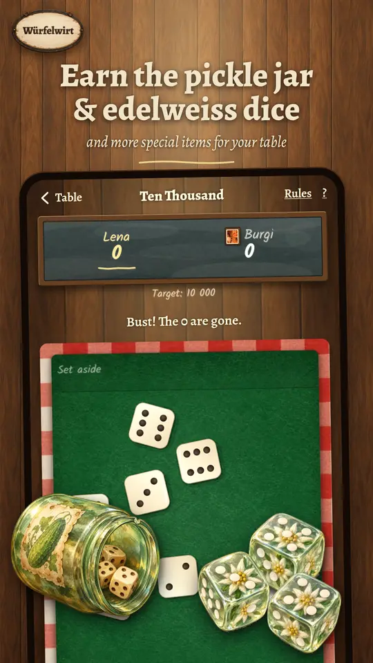 The dice board in Ten Thousand with the pickle-jar cup and edelweiss dice.