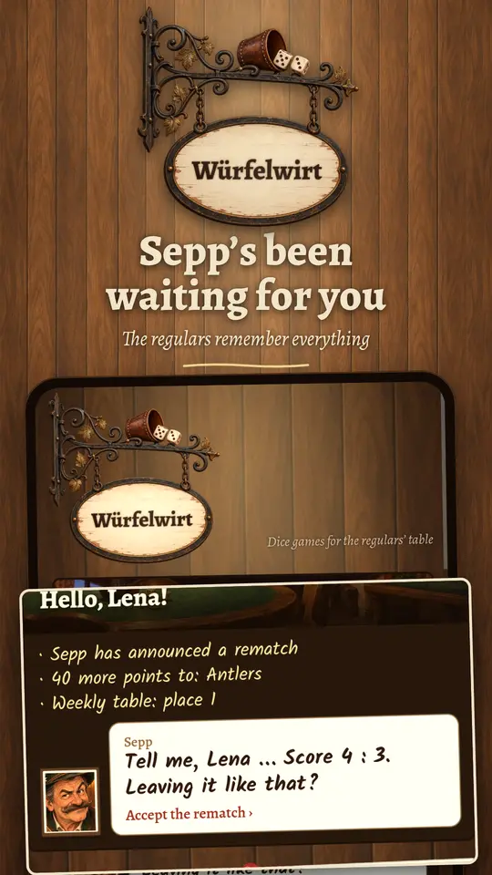 The lobby: Sepp is waiting for a rematch, below it the weekly table.